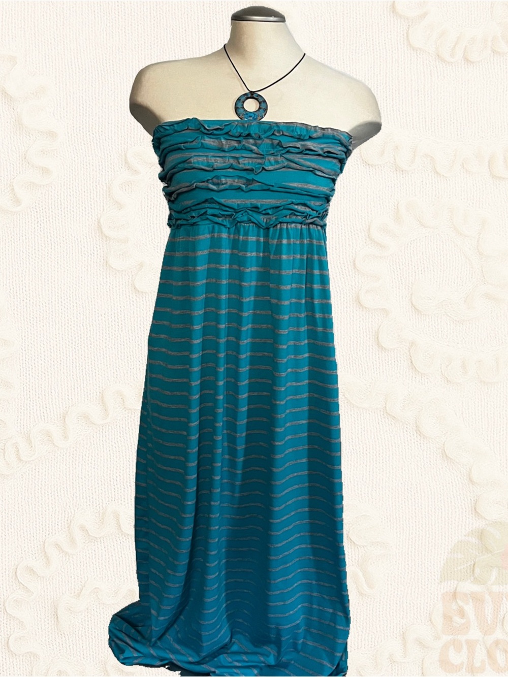 Y2K Candy Couture Teal/Grey Striped Strapless Maxi Dress Womens Medium